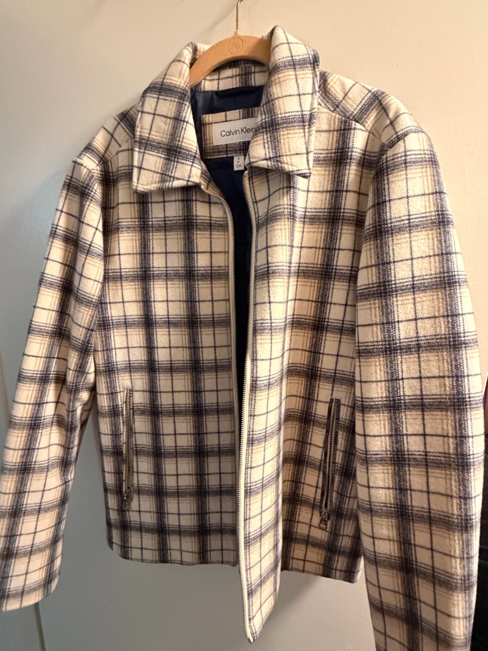 Calvin Klein Cream & Navy Plaid Zip Jacket
